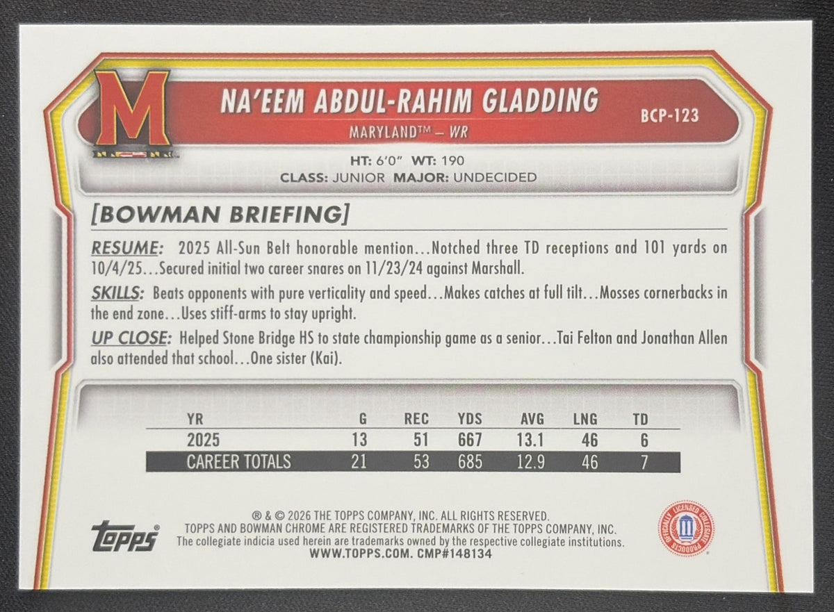 Na'eem Abdul-Rahim Gladding 2026 Bowman Chrome Prospects Mojo Refractor Terrapins