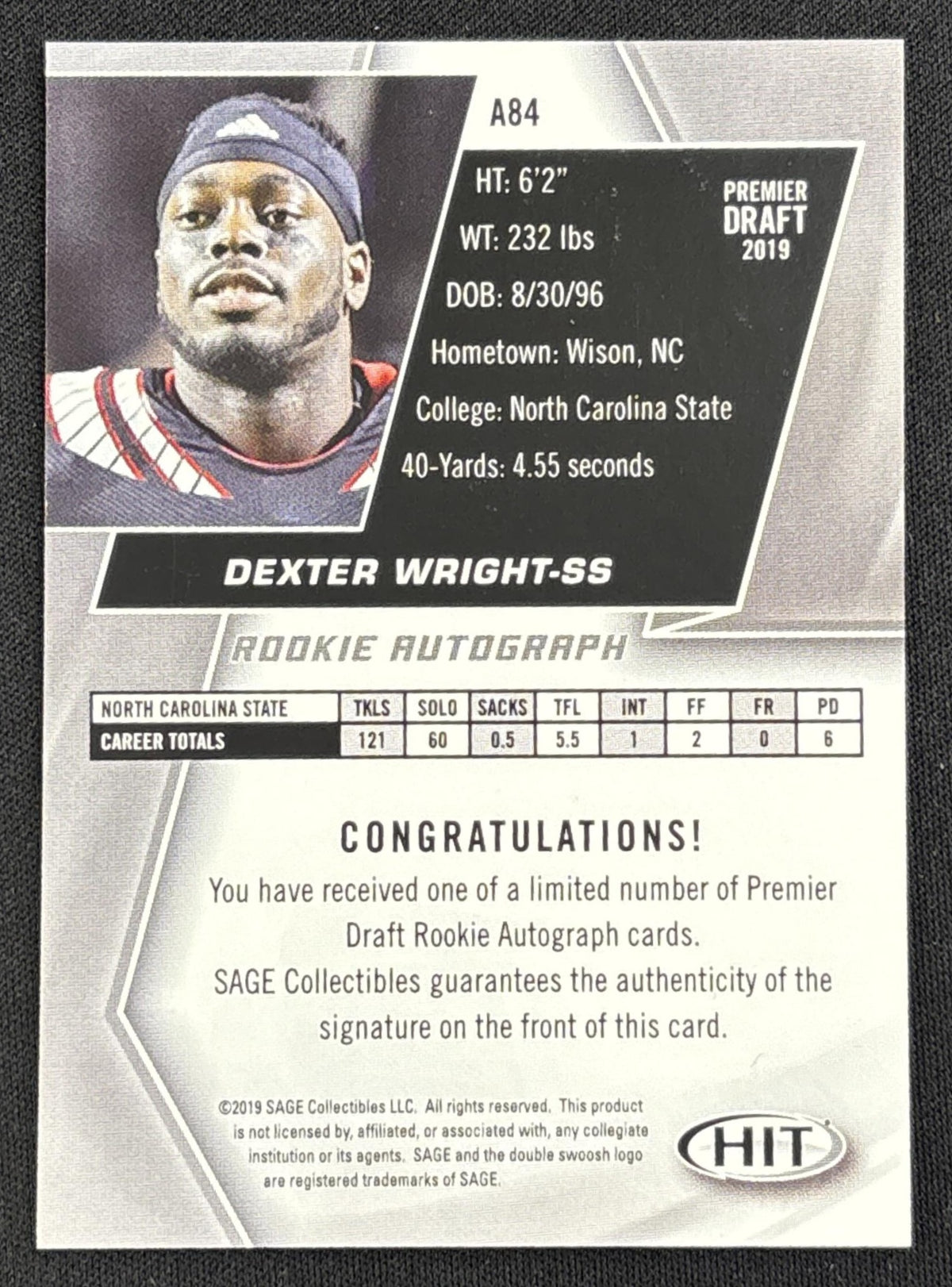 Dexter Wright 2019 SAGE HIT Auto Red