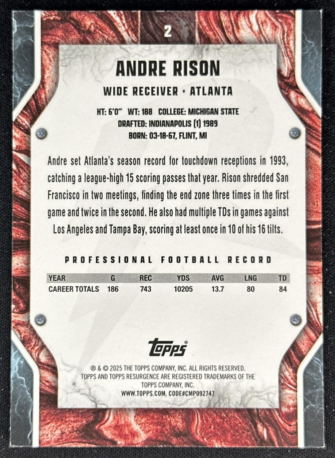 Andre Rison 2024 Topps Resurgence Blue and Orange Spark Falcons back