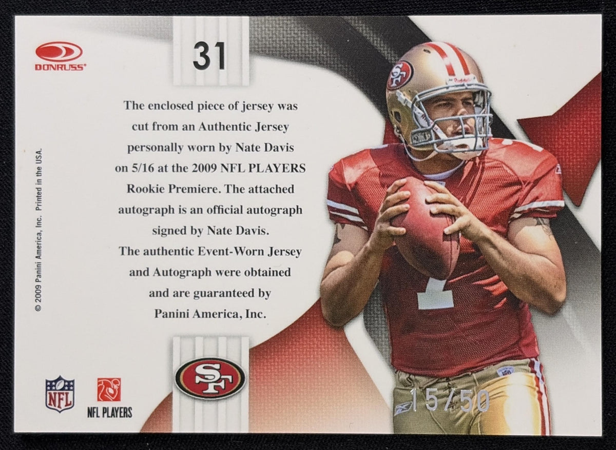 Nate Davis 2009 Playoff National Treasures Rookie Colossal Materials Signatures Jersey Numbers /50 49ers Sports Trading Card