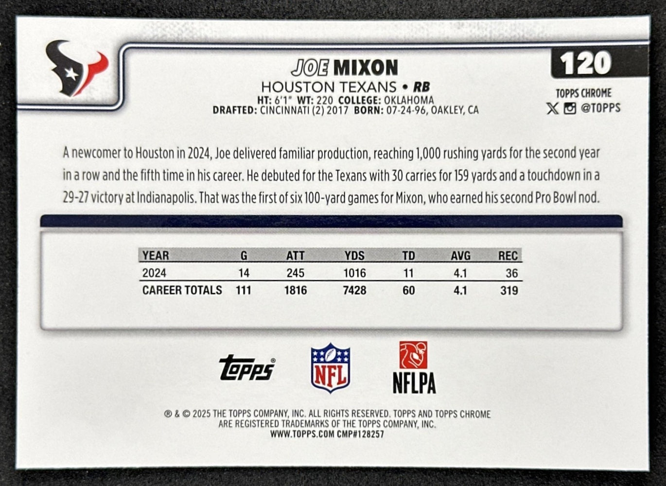 Joe Mixon 2025 Topps Chrome Football Leather Refractor Texans
