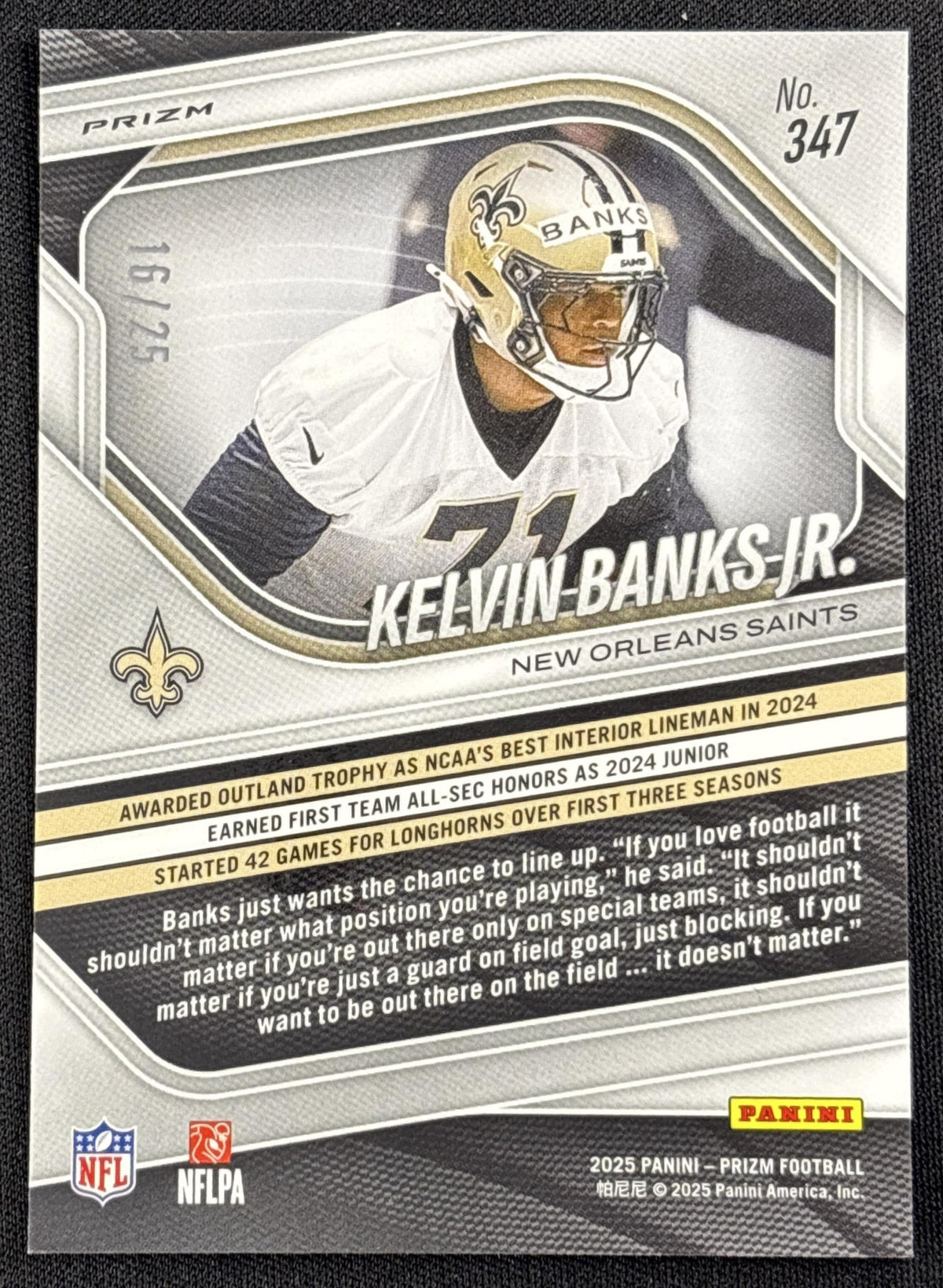 Kelvin Banks Jr. 2025 Panini Prizm No Huddle Pink /25 Saints
