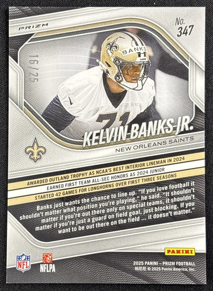 Kelvin Banks Jr. 2025 Panini Prizm No Huddle Pink /25 Saints