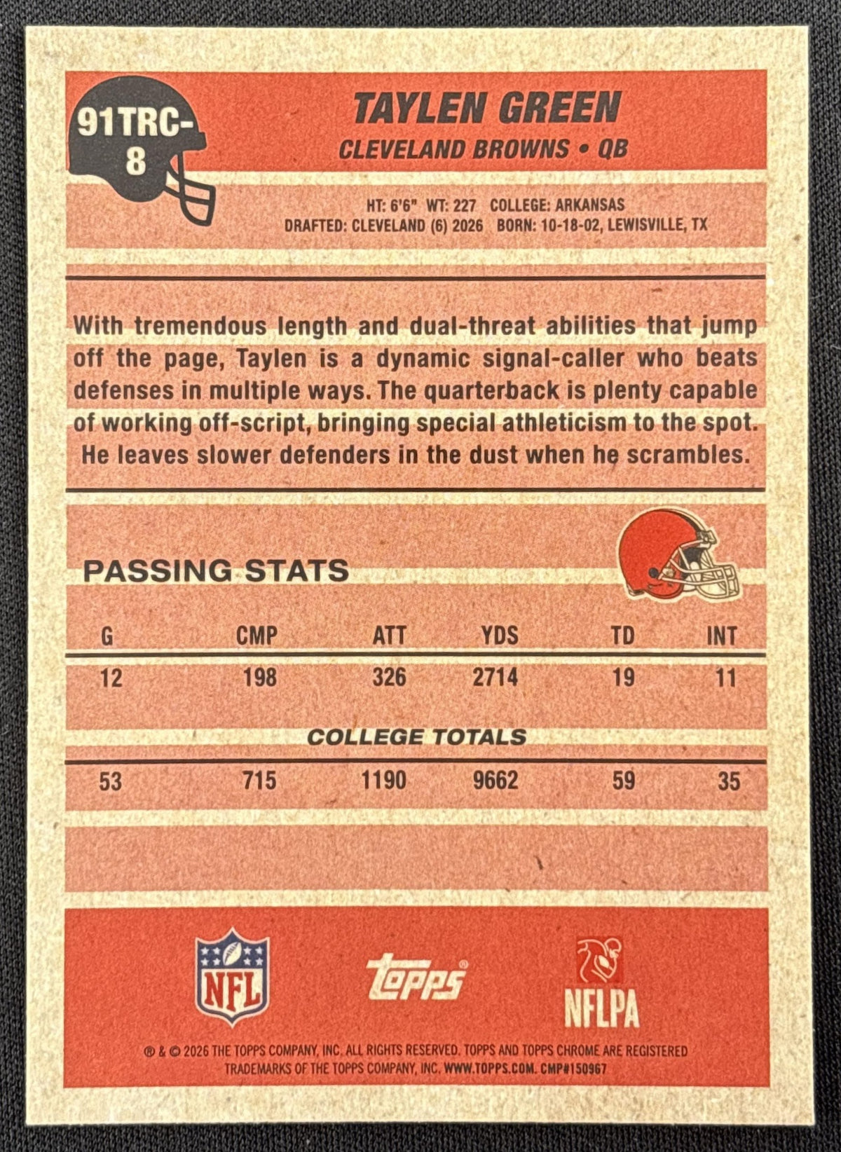 Taylen Green 2026 Topps 1991 Chrome Rookie Mojo Refractor Browns