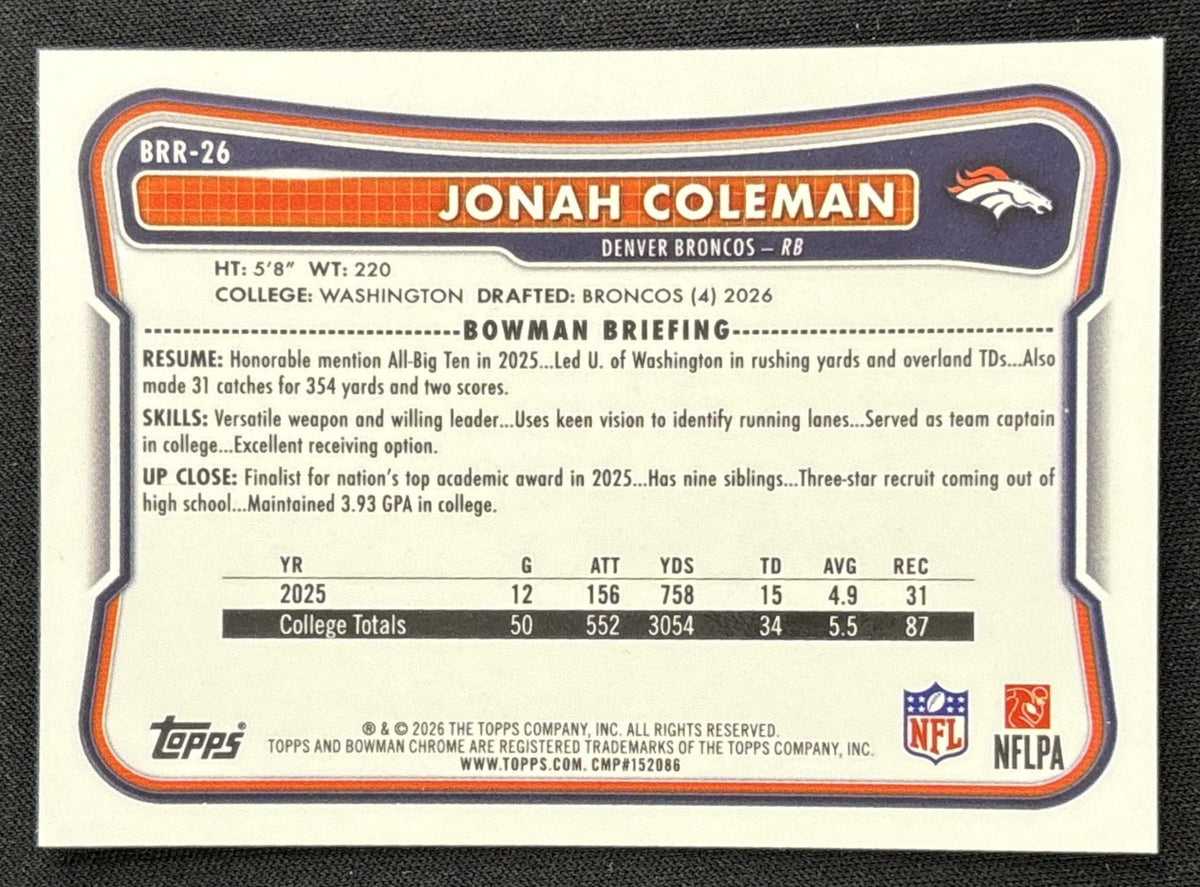 Jonah Coleman 2026 Bowman Chrome Red RC Variation Broncos Rookie