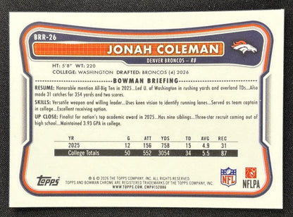 Jonah Coleman 2026 Bowman Chrome Red RC Variation Broncos Rookie