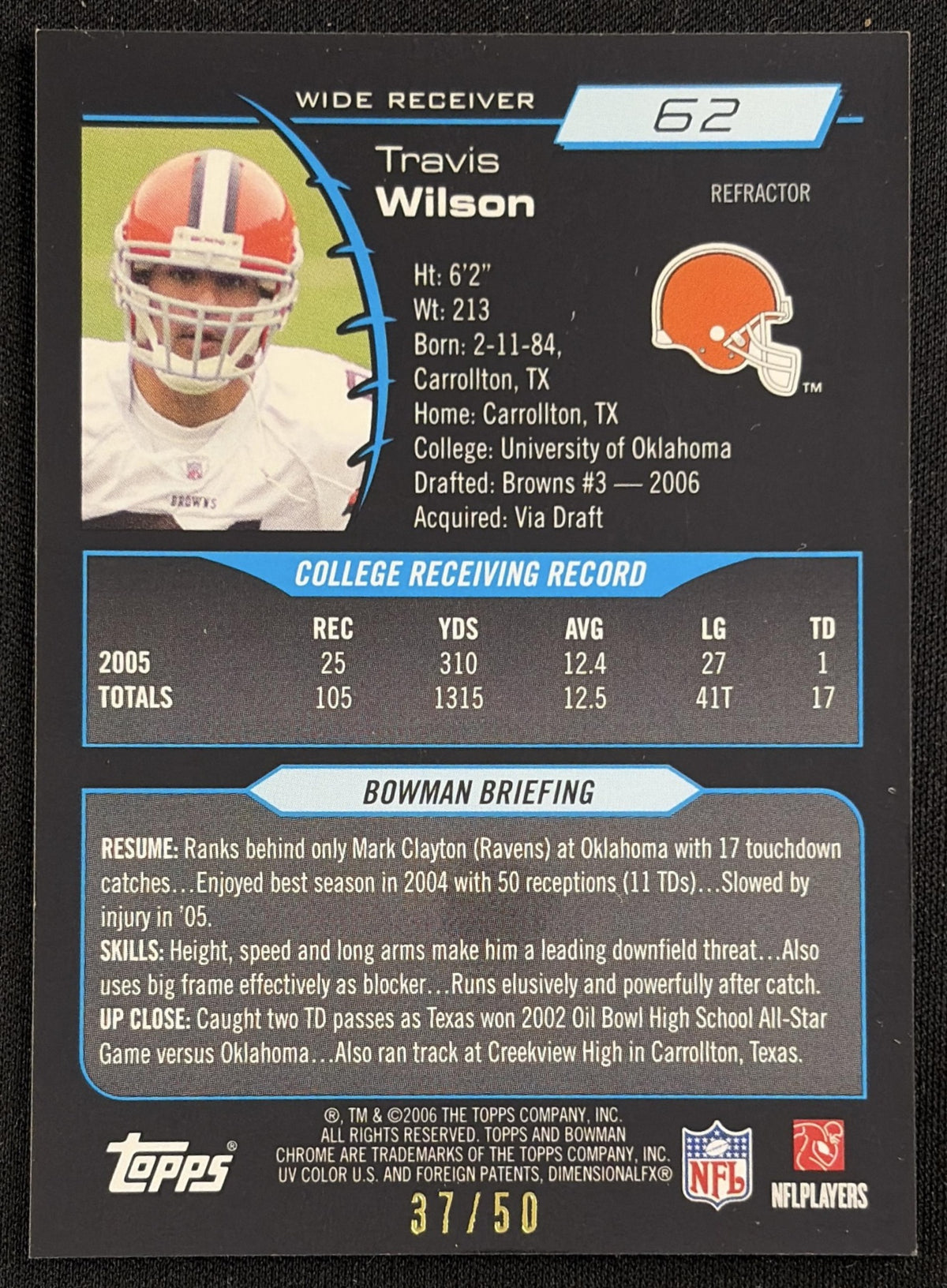 Travis Wilson 2006 Bowman Chrome Gold Refractors /50 Browns Sports Trading Card