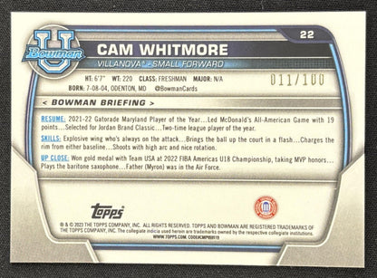 Cam Whitmore 2022 Bowman Chrome University RayWave Refractor /100 Wildcats