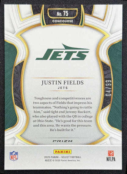 Justin Fields 2025 Panini Select Concourse Red Prizm /99 Jets