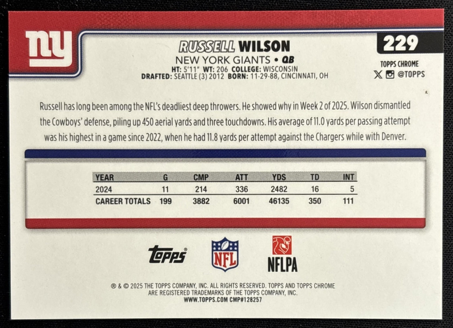 Russell Wilson 2025 Topps Chrome Orange Glitter Giants