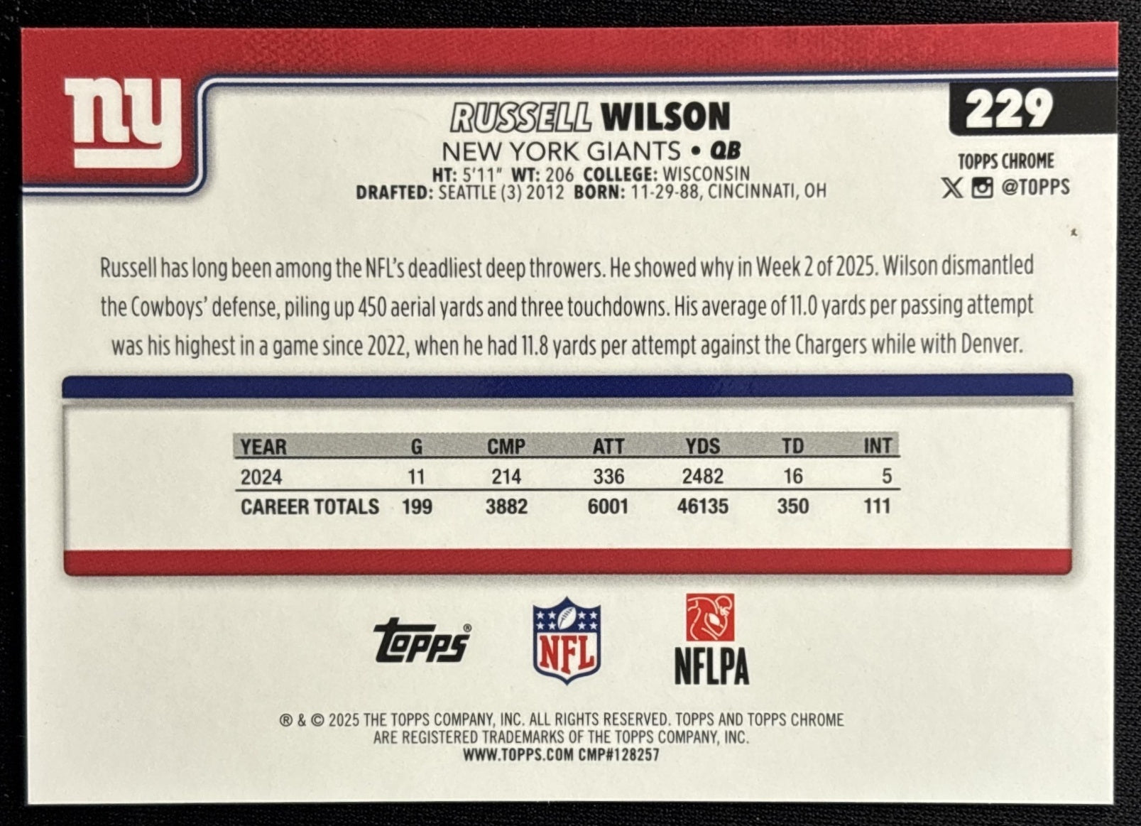 Russell Wilson 2025 Topps Chrome Orange Glitter Giants