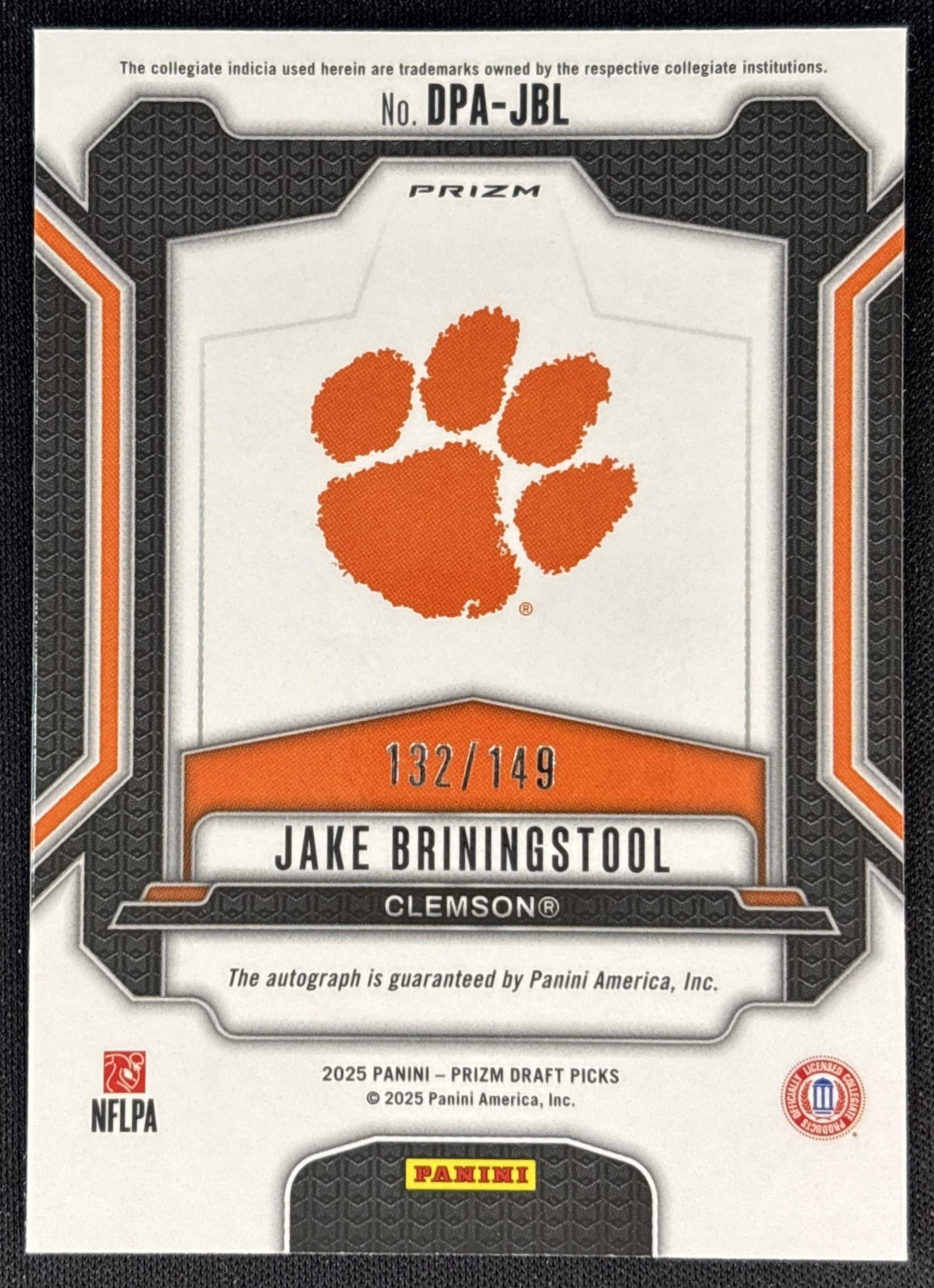 Jake Briningstool 2025 Panini Prizm Draft Picks Auto Blue Ice /149 Tigers back