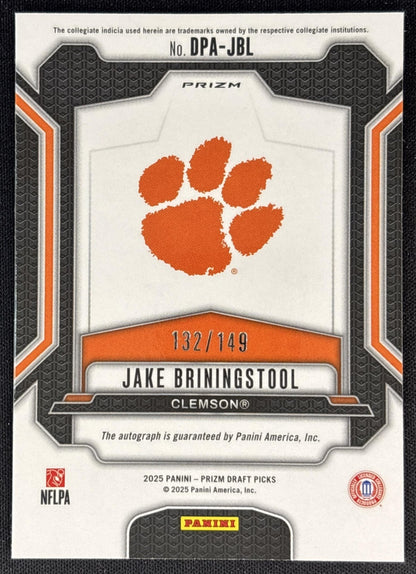 Jake Briningstool 2025 Panini Prizm Draft Picks Auto Blue Ice /149 Tigers back