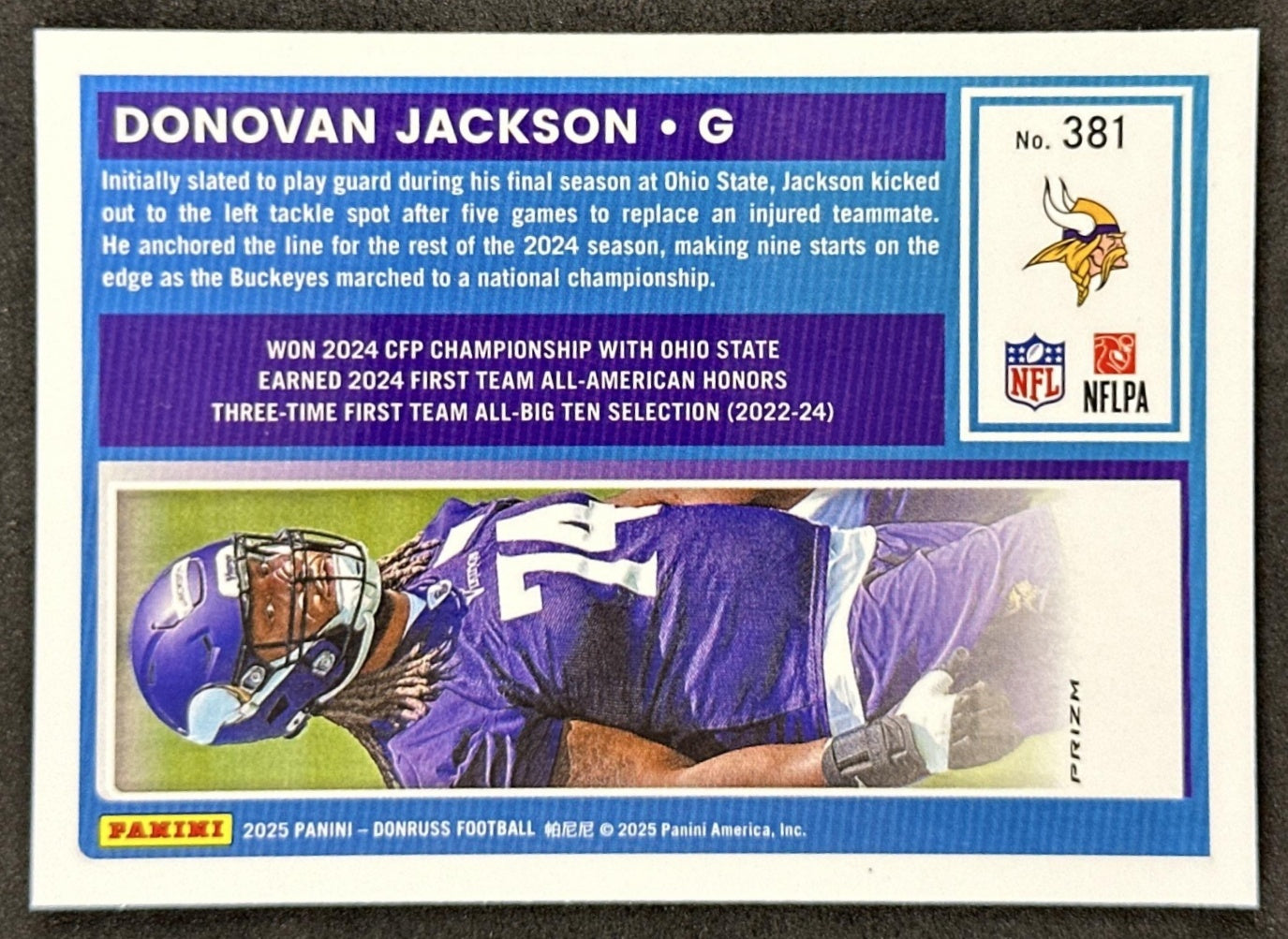Donovan Jackson 2025 Panini Donruss Optic Rated Rookie Preview Pink Vikings back sports trading card