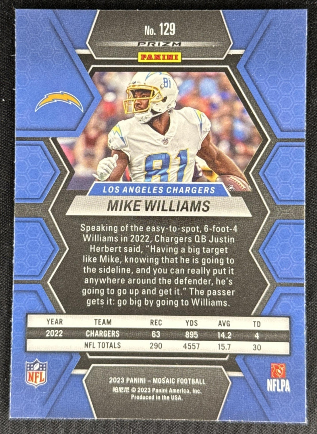 Mike Williams 2023 Panini Mosaic Reactive Blue Mosaic Chargers Sports Trading Card