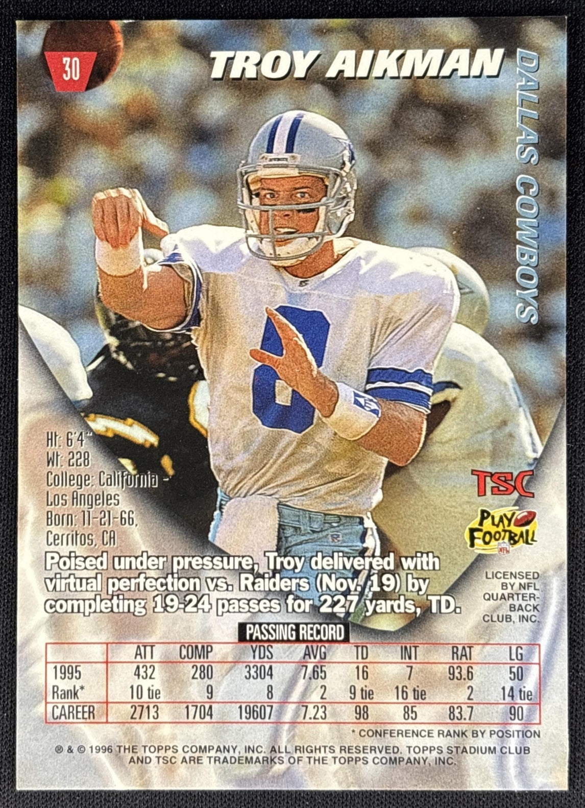 Troy Aikman 1996 Topps Stadium Club Cowboys Sports Trading Card