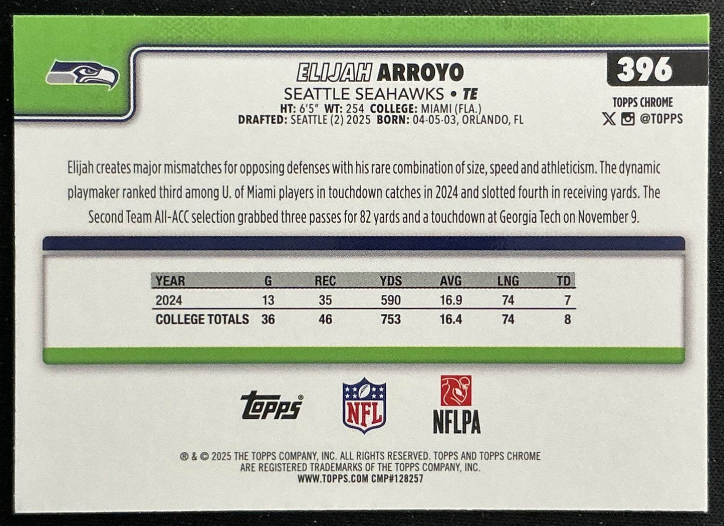 Elijah Arroyo 2025 Topps Chrome Rookie Seahawks Sports Trading Cards