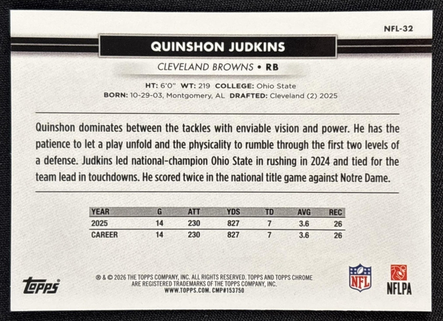 Quinshon Judkins 2026 Topps NSCC Collection NFL Browns Sports Trading Cards