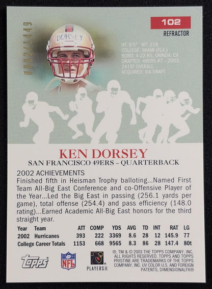Ken Dorsey 2003 Topps Pristine Refractors /1499 49ers - Back