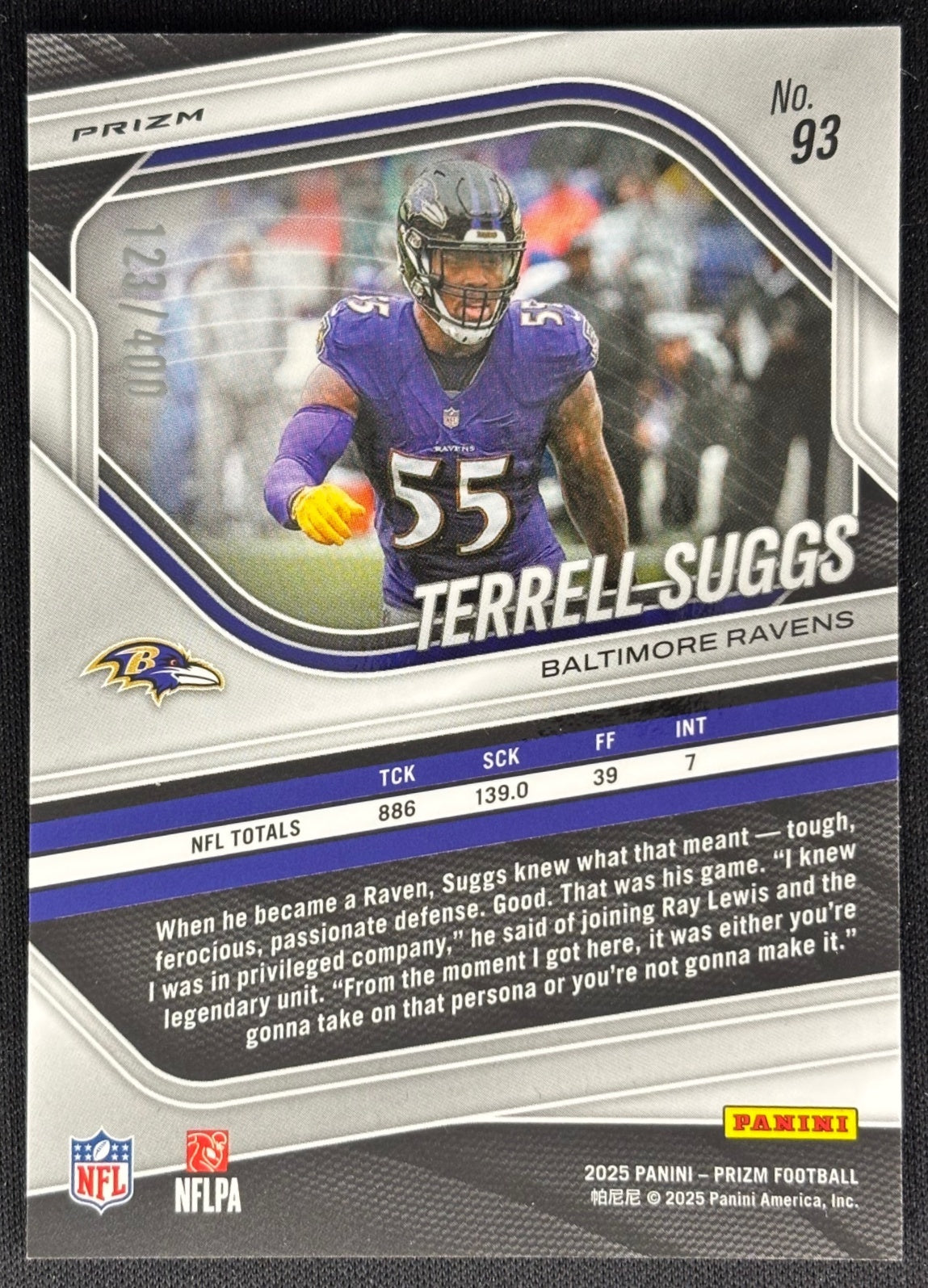 Terrell Suggs 2025 Prizm Pandora /400 Ravens Sports Trading Cards