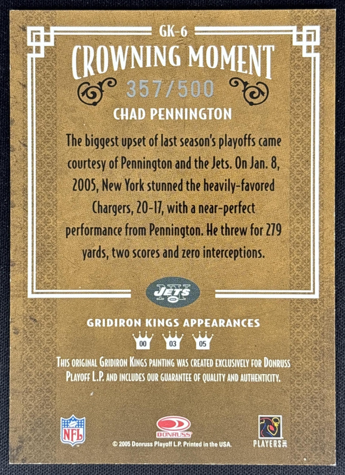 Chad Pennington 2005 Donruss Throwback Threads Gridiron Kings Bronze /500 Jets back
