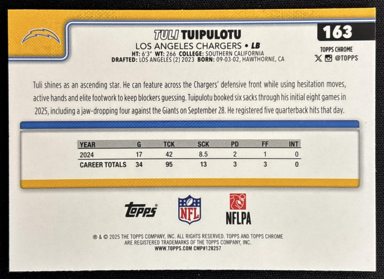 Tuli Tuipulotu 2025 Topps Chrome Pink Wave Refractor /250 Chargers Sports Trading Card