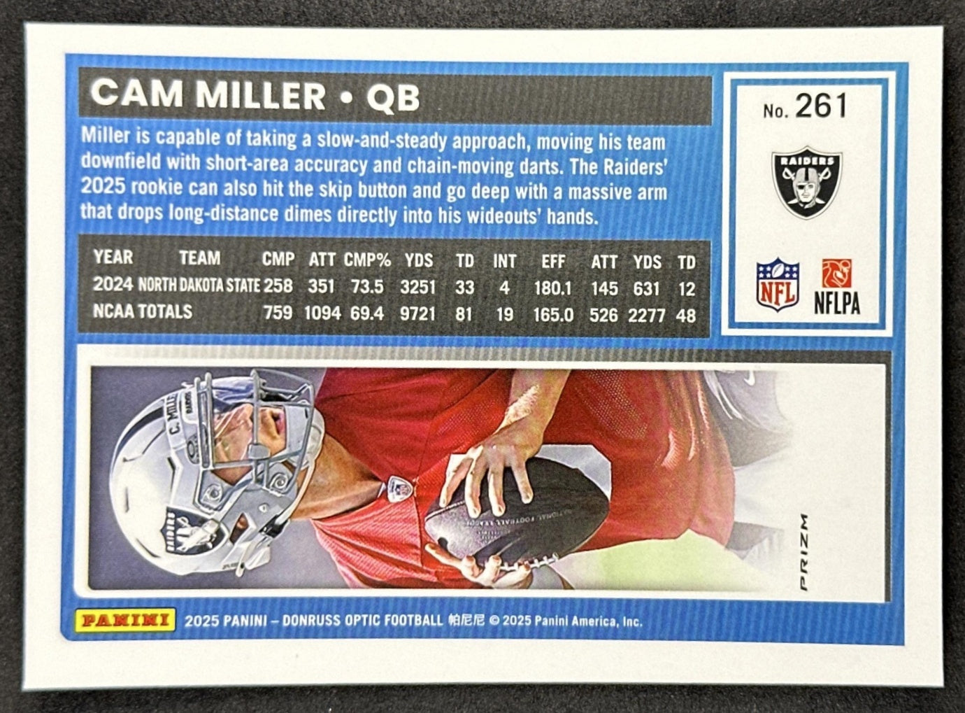 Cam Miller 2025 Panini Donruss Optic Rated Rookie Stars Prizm Raiders Sports Trading Card