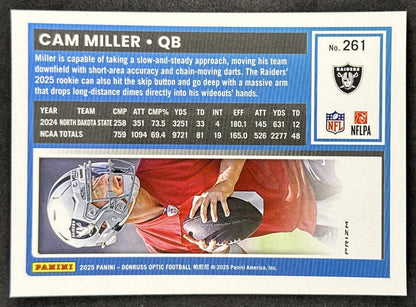 Cam Miller 2025 Panini Donruss Optic Rated Rookie Stars Prizm Raiders Sports Trading Card