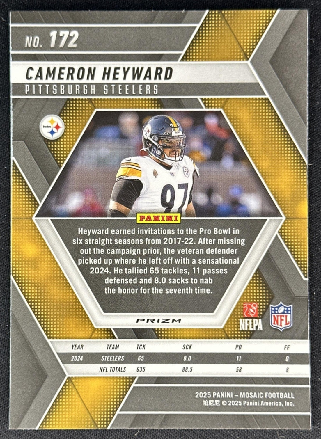 Cameron Heyward 2025 Panini Mosaic No Huddle Silver Prizm Steelers back