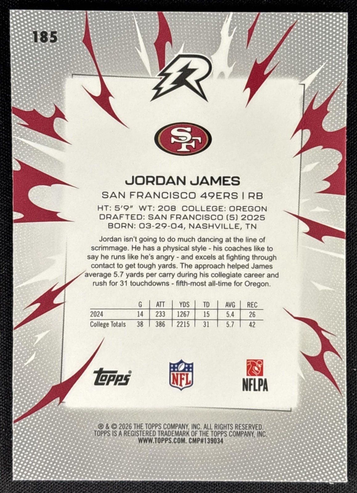 Jordan James 2025 Topps Resurgence Blue and Orange Spark Refractor 49ers