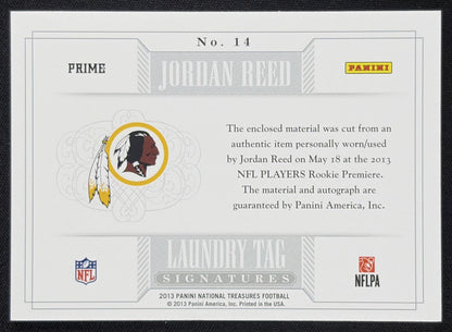 Jordan Reed 2013 Panini National Treasures NT Rookie Laundry Tag Signatures /5 Redskins Sports Trading Card