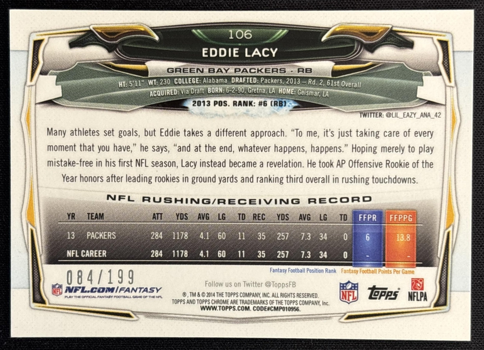 Eddie Lacy 2014 Topps Chrome Blue Refractor /199 Packers Sports Trading Cards