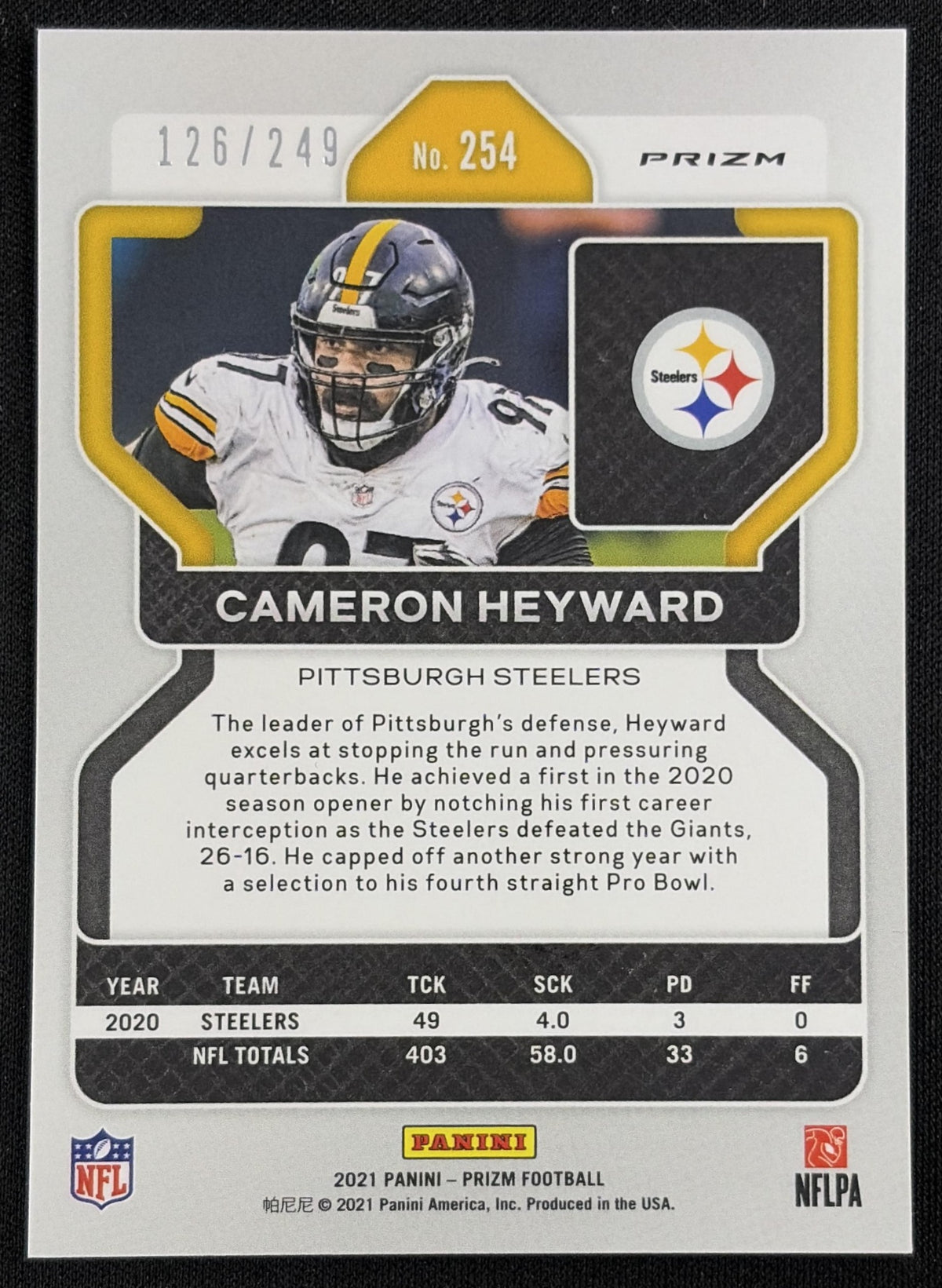 Back of Cameron Heyward 2021 Panini Prizm Orange /249 Steelers sports trading card