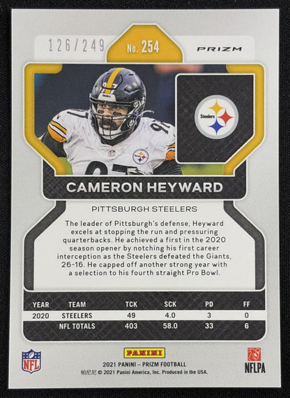 Back of Cameron Heyward 2021 Panini Prizm Orange /249 Steelers sports trading card