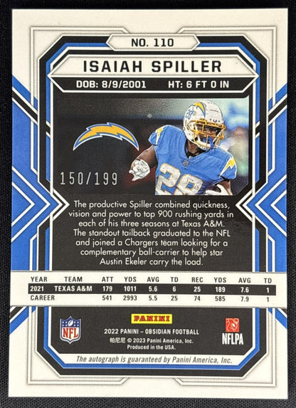 Isaiah Spiller 2022 Panini Obsidian Rookie Autos /199 Chargers