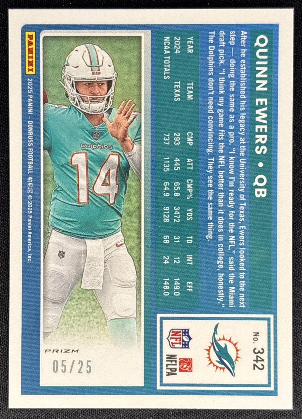 Quinn Ewers 2025 Donruss Optic Rated Rookie Preview Green Pandora /25 Dolphins Sports Trading Cards