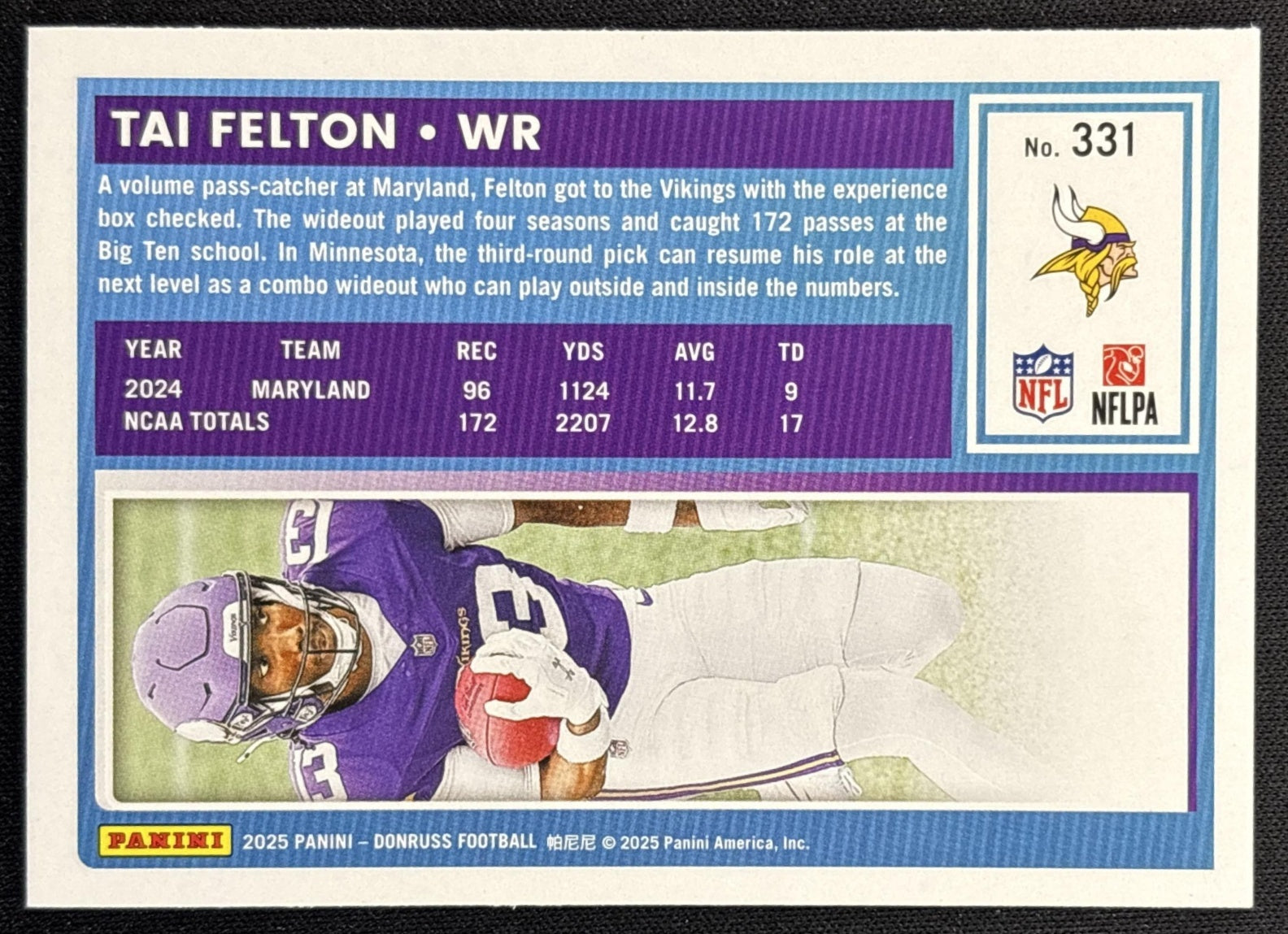 Tai Felton 2025 Panini Donruss Rated Rookie Press Proof Green Vikings back