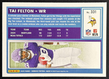 Tai Felton 2025 Panini Donruss Rated Rookie Press Proof Green Vikings back
