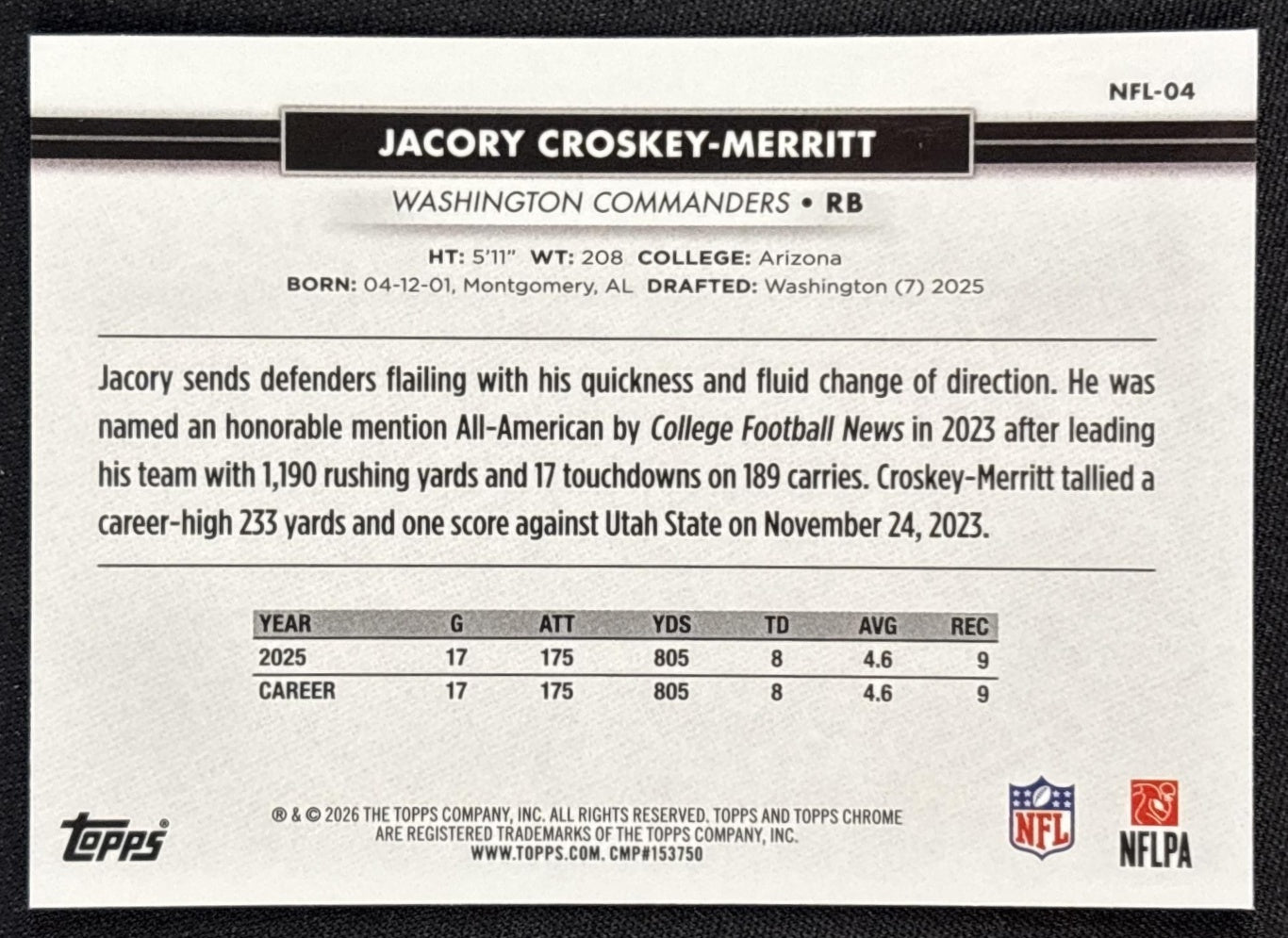 Jacory Croskey-Merritt 2026 Topps NSCC Collection NFL Commanders Sports Trading Cards