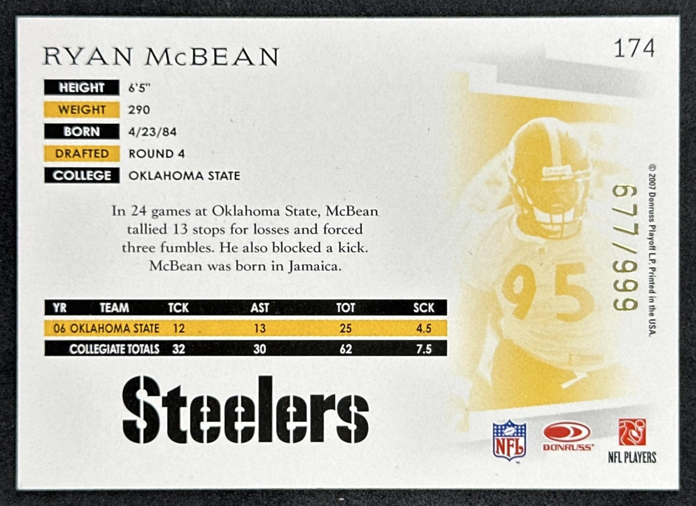 Ryan McBean 2007 Donruss Threads /999 Steelers back
