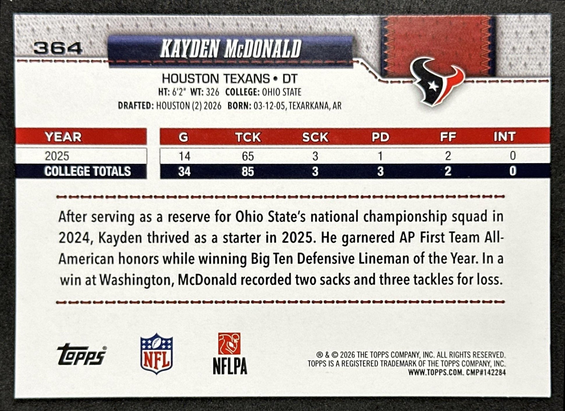 Kayden McDonald 2026 Topps Flagship Rookie Texans Sports Trading Cards