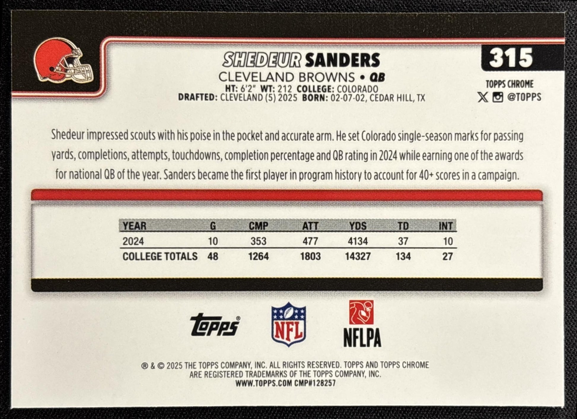 Shedeur Sanders 2025 Topps Chrome Rookie Neon Pulse Refractor Browns - back