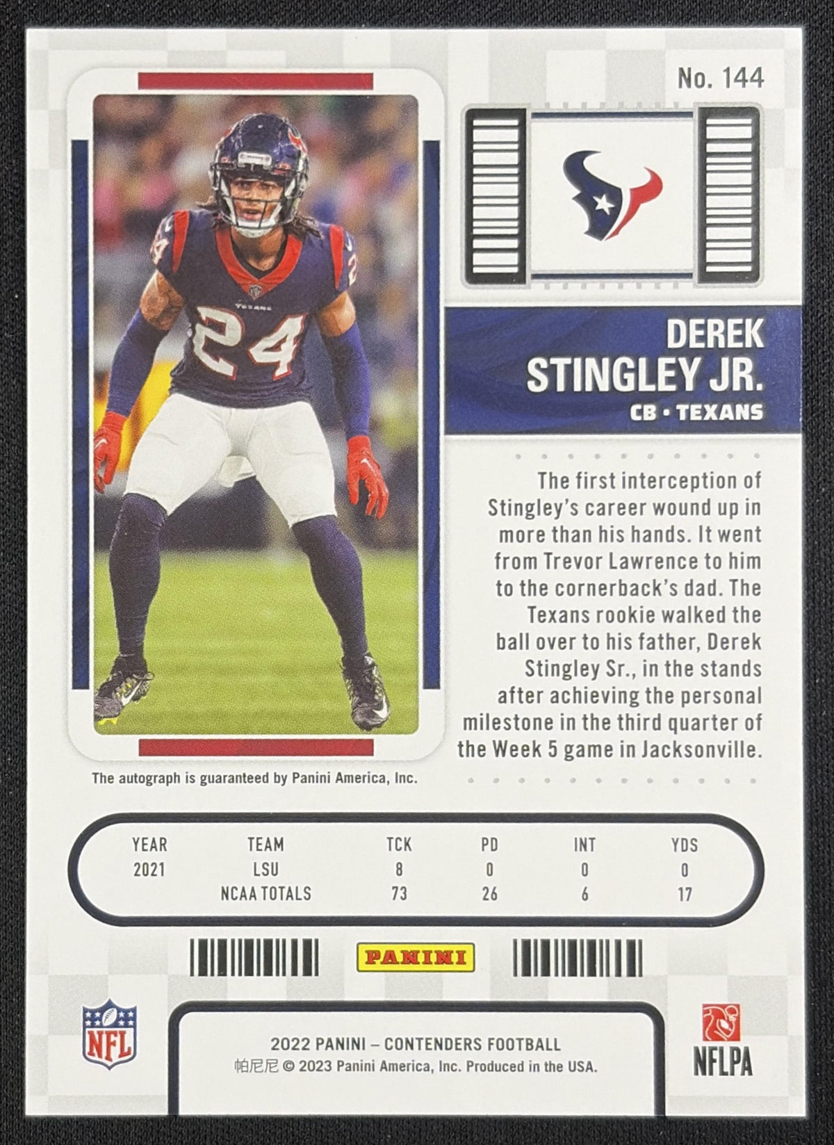 Derek Stingley Jr. 2022 Panini Contenders Playoff Ticket /99 Texans