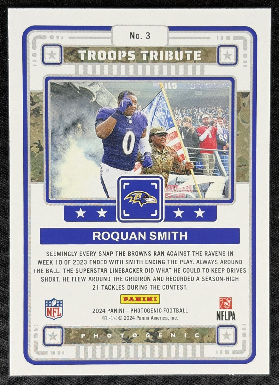 Roquan Smith 2024 Panini Photogenic Troops Tribute Ravens