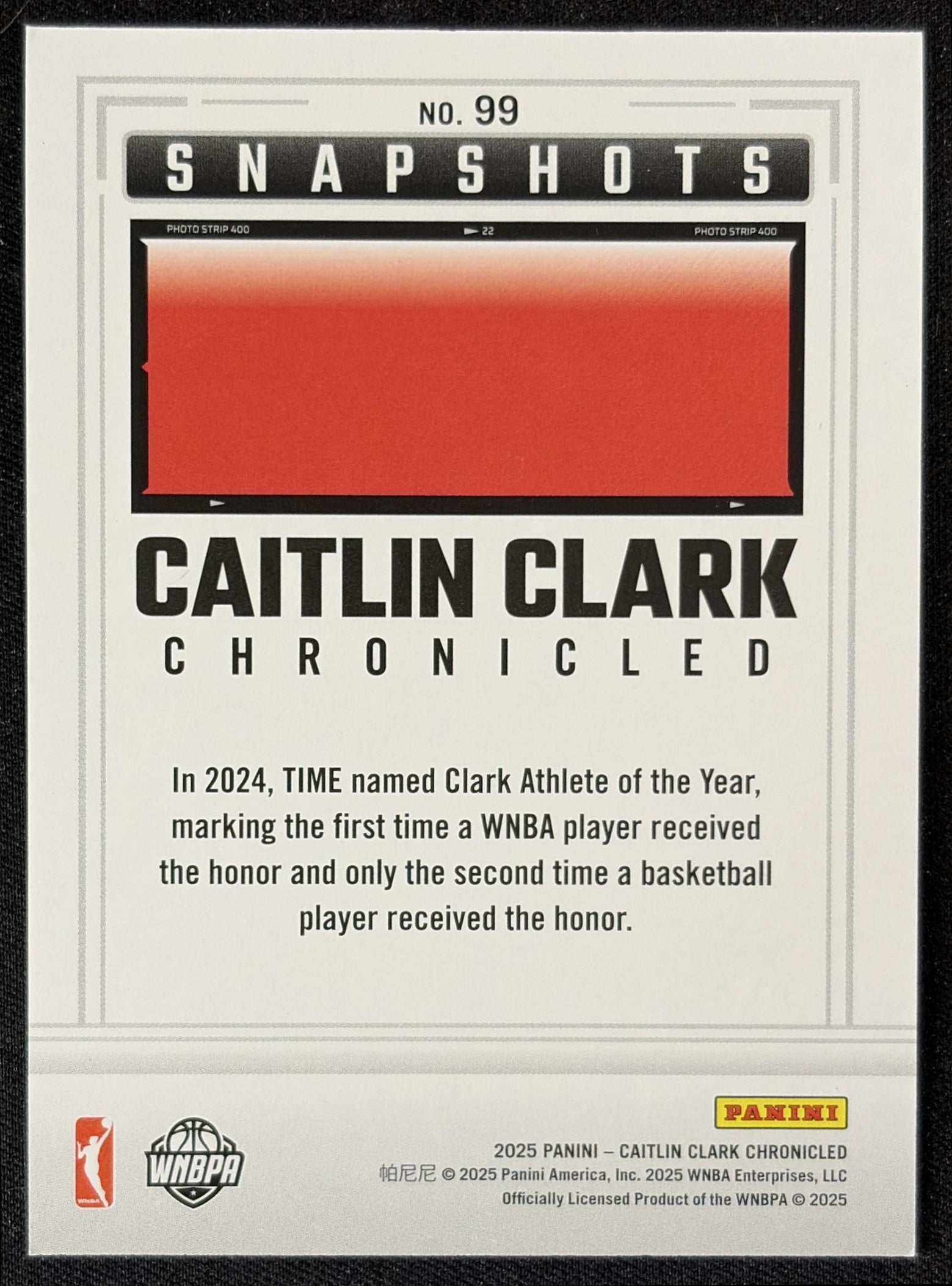 Caitlin Clark 2025 Panini Chronicled Snap Shots Red Holo Fever - back