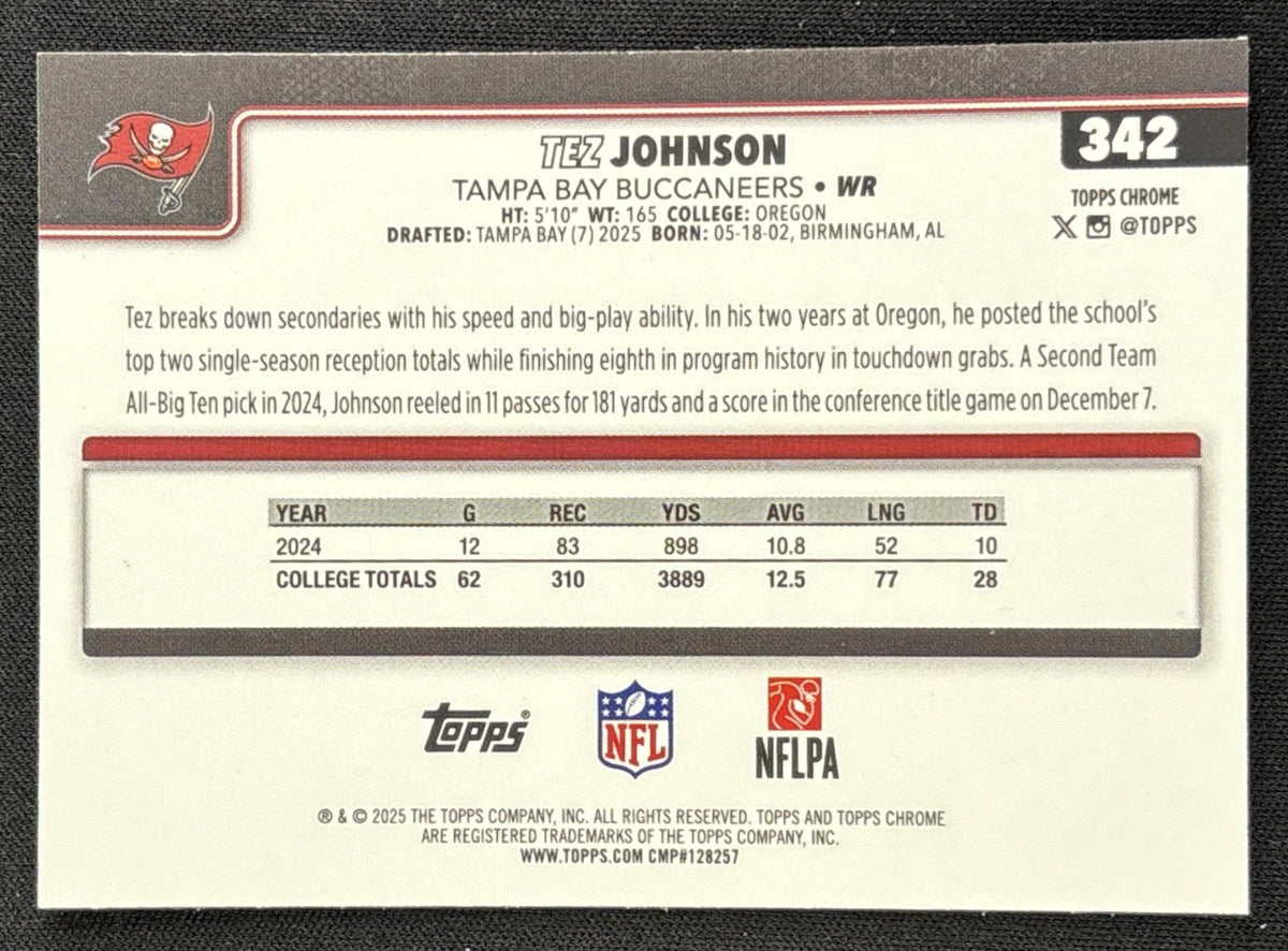 Tez Johnson 2025 Topps Chrome Rookie Pulsar Refractor Buccaneers