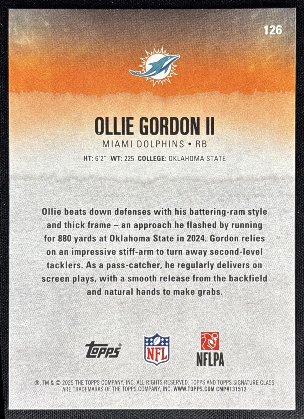 Ollie Gordon II 2025 Topps Signature Class Rookie Dolphins back