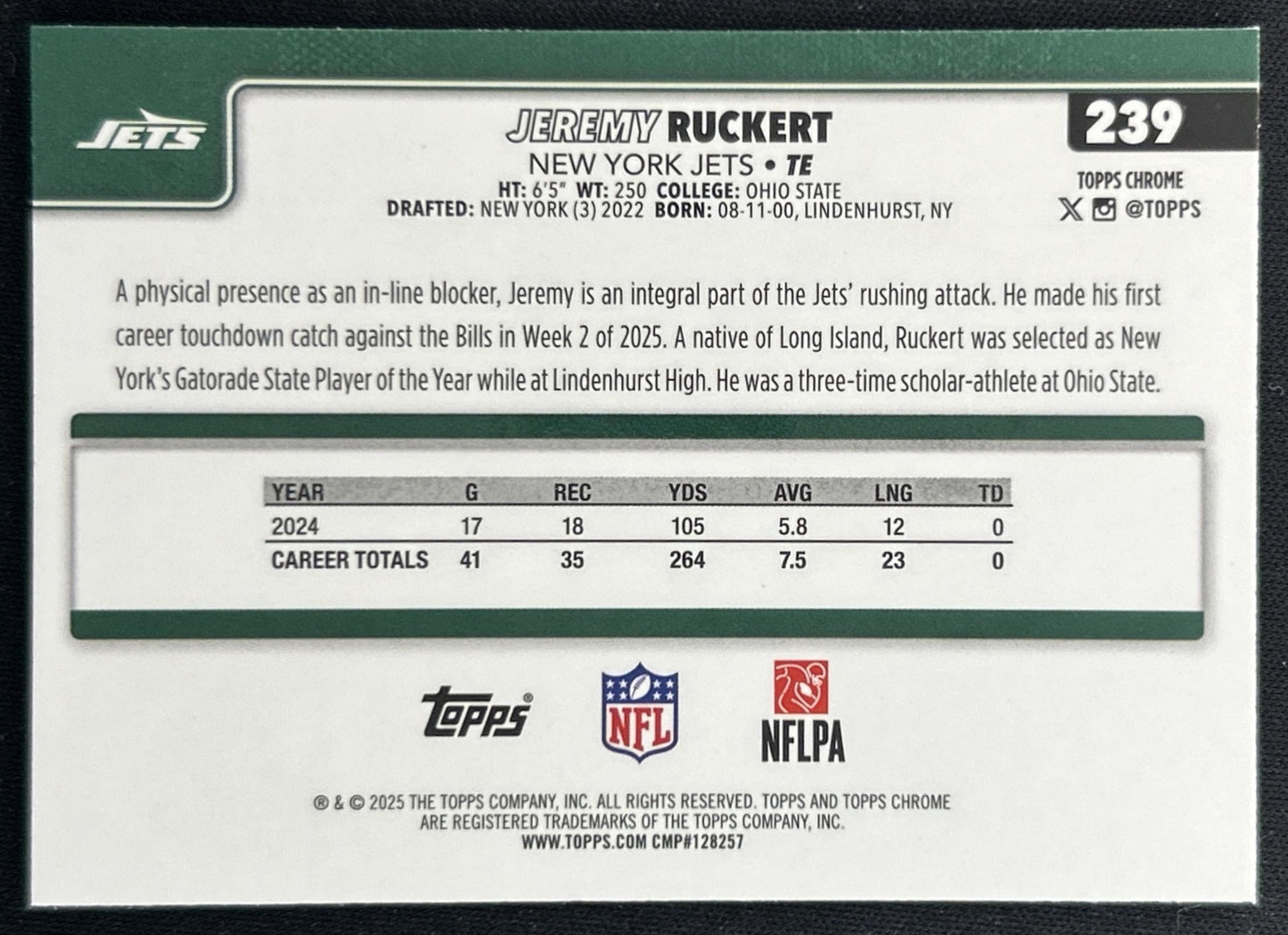 Jeremy Ruckert 2025 Topps Chrome Teal Refractor /299 Jets