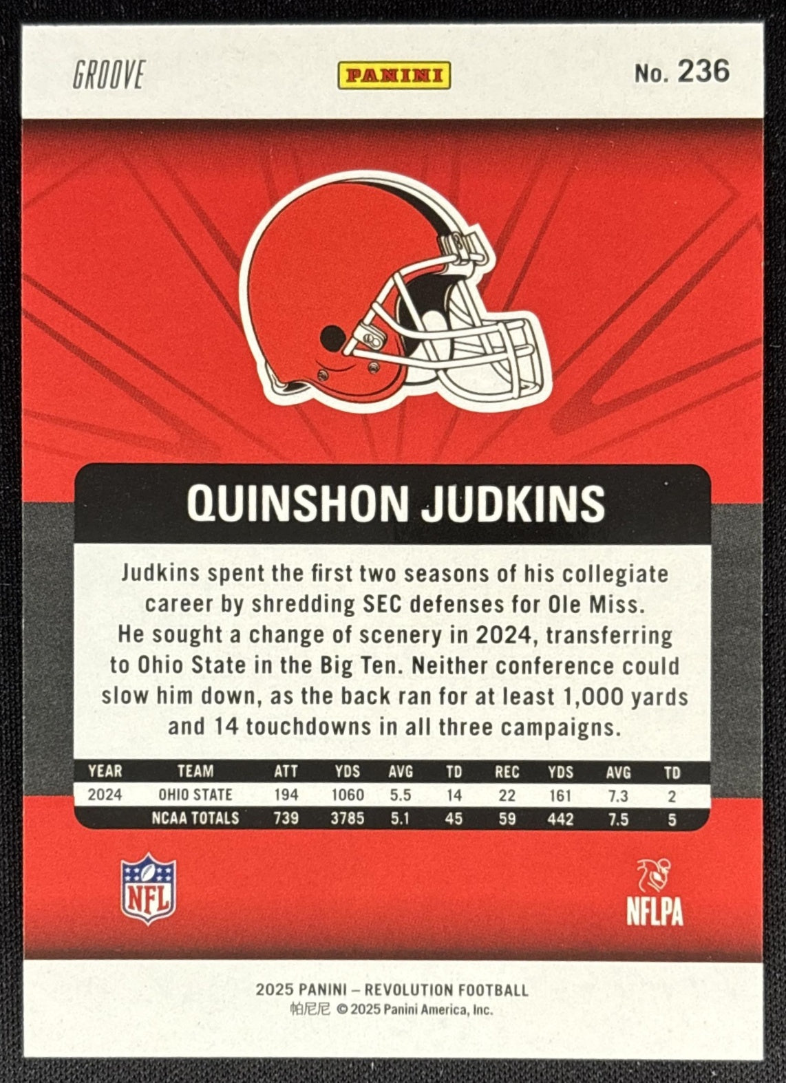 Quinshon Judkins 2025 Panini Revolution Rookies Groove Browns Sports Trading Cards