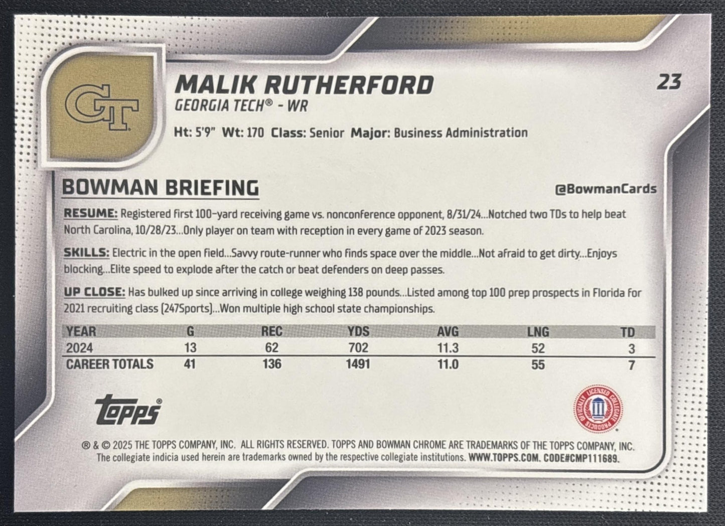 Malik Rutherford 2025 Chrome University Sapphire Prospect Yellow Refractor /75 Jackets back